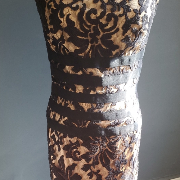 Tadashi Shoji Banded Lace  Black and Tan Maxi Gown with Flutter Cap Slee… - Picture 7 of 12